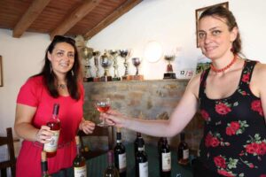 Degustazioni a Gambassi Terme: bottiglie di Chianti, vino IGT rosso e bianco e turista che assaggia del Vin Santo 